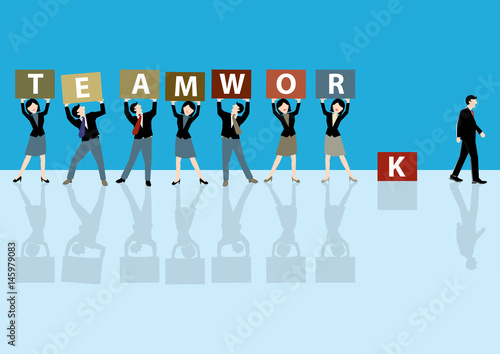 Simple business cartoon illustration a man walk out from his group as a symbolism lose in faith of teamwork