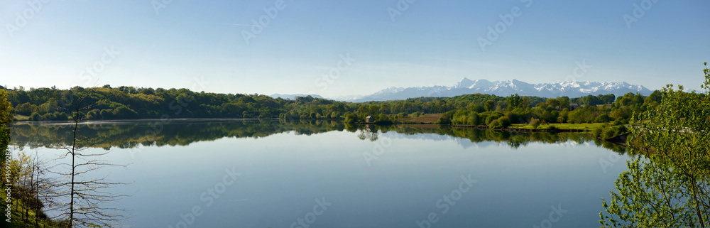 view of  lake Gabas in the Pyrenees Atlantiques, mountains in  background
