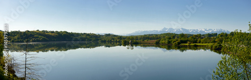 view of lake Gabas in the Pyrenees Atlantiques, mountains in background