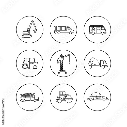 Vector flat outline icons of construction, special transport.