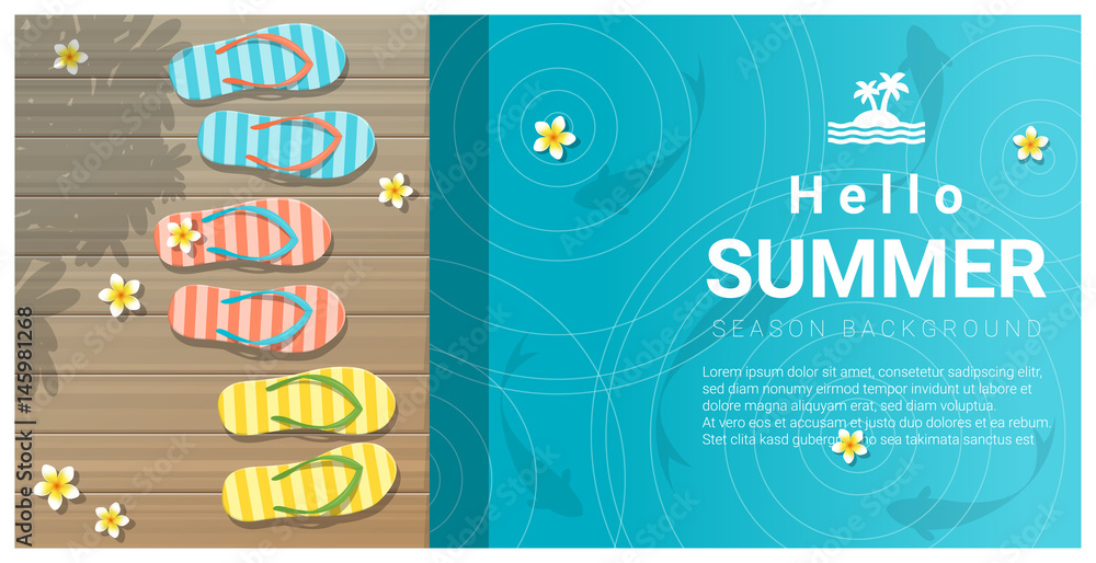 Fototapeta premium Hello summer background with sandals on wooden pier , vector , illustration