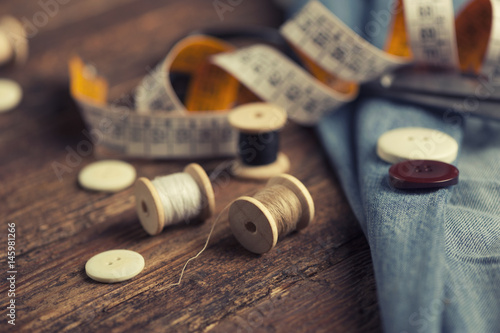 Sewing accessories on wooden