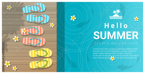 Hello summer background with sandals on wooden pier , vector , illustration