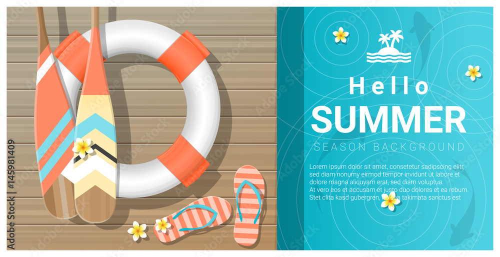 Fototapeta premium Hello summer background with wooden pier over the sea , vector , illustration