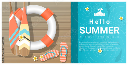 Hello summer background with wooden pier over the sea , vector , illustration