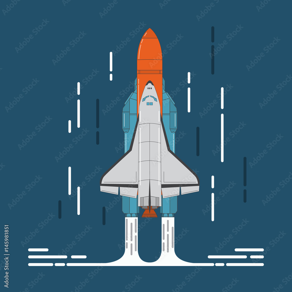  space shuttle and rocket in flat style a vector.Design element for the space and scientific website and toy stores, for games.Start of the spaceship to stars