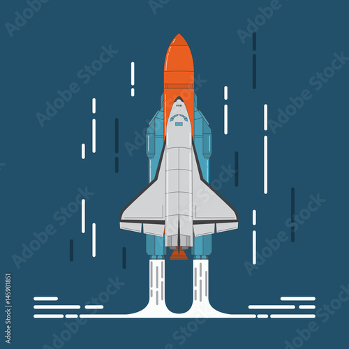  space shuttle and rocket in flat style a vector.Design element for the space and scientific website and toy stores, for games.Start of the spaceship to stars