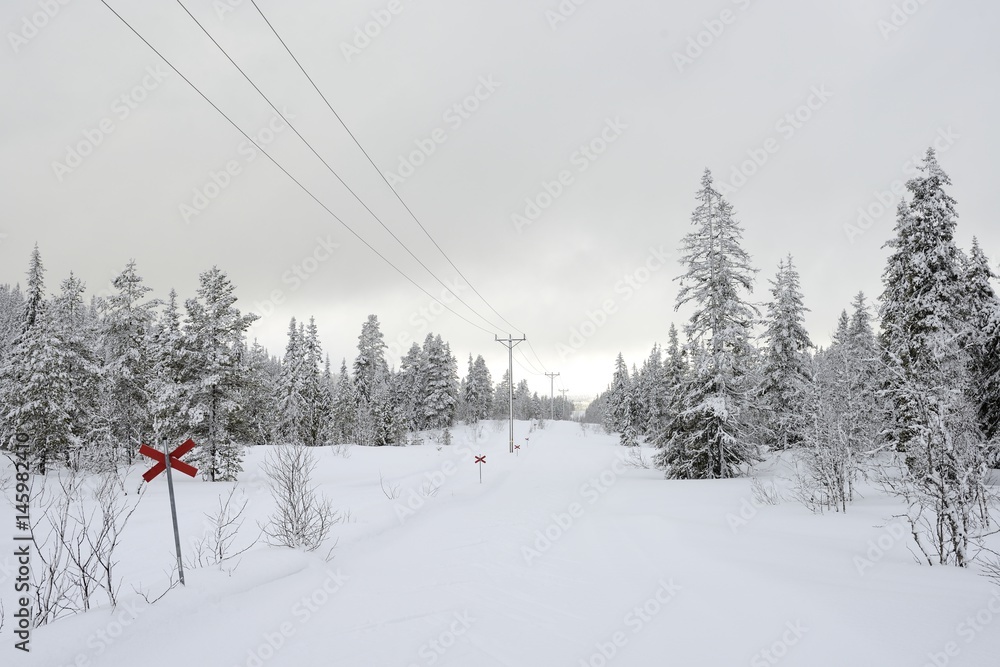 Route marker through arctic winter landscape Route marker through arctic winter landscape