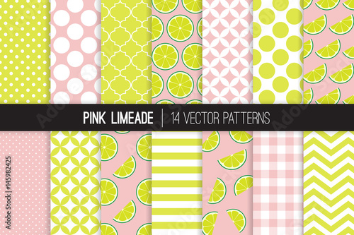 Pink Limeade Vector Patterns. Green and Pink Lime Halves and Slices, Stripes, Polka Dots and Gingham. Lemonade Stand Summer Party Decor. Girly Mod Geometric Backgrounds. Pattern Tile Swatches Included