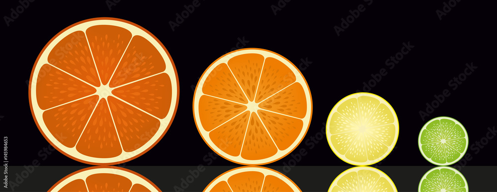 Obraz premium Vector grapefruit, orange, lemon and lime on black background