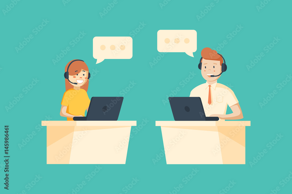 Smiling male and female operator with headset working at call center. Smiling male and female operator with headset working at call center.