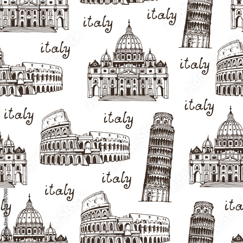 Travel hand drawn seamless pattern with famous places of Rome, Vatican, Italy