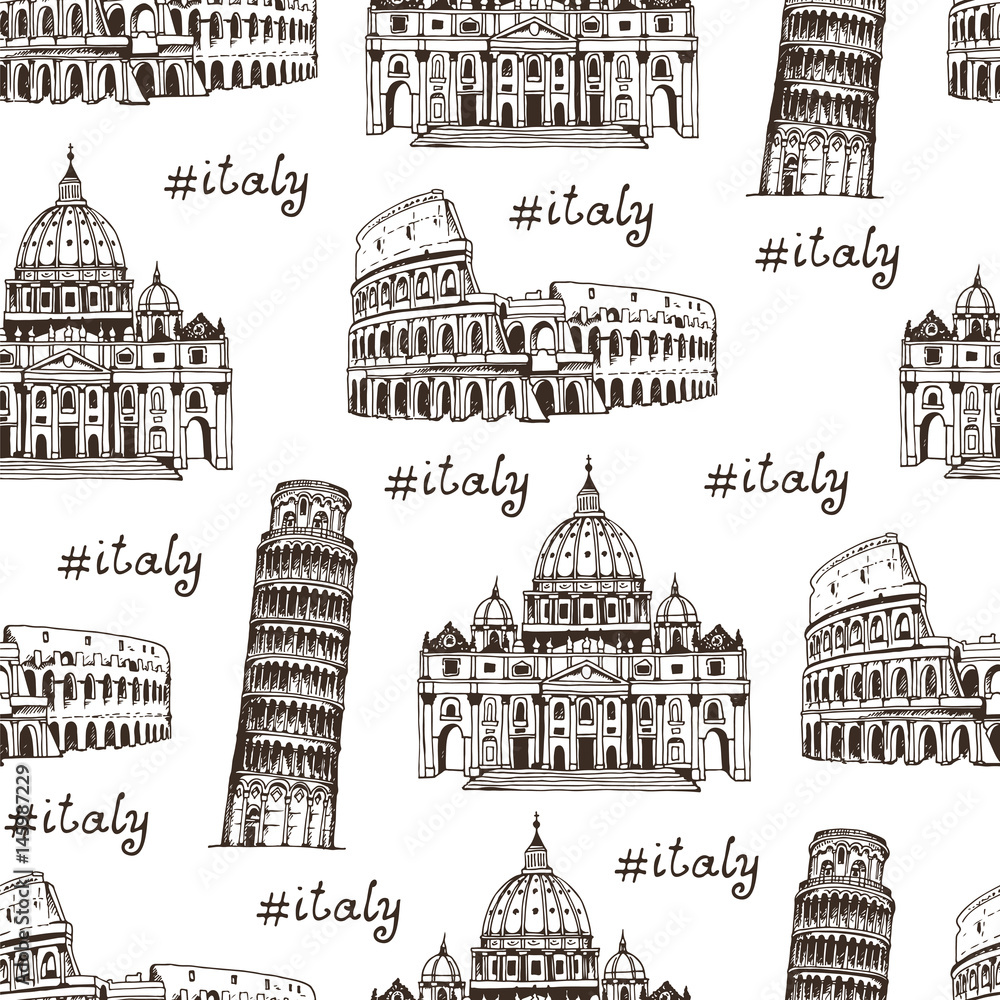 Travel Italy hand drawn background, seamless vector pattern with famous places of Italy, Rome