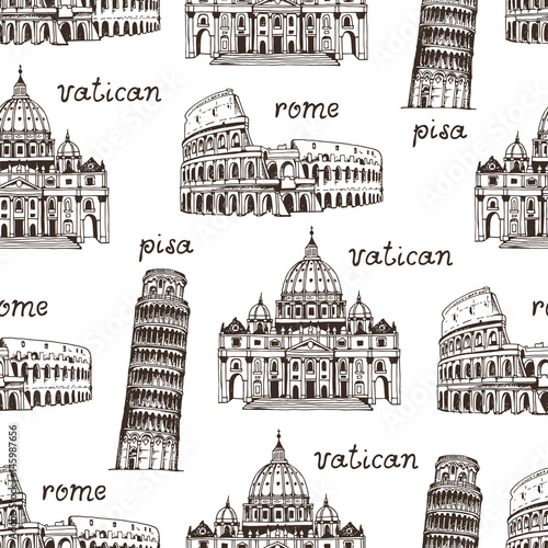 Italy hand drawn background, seamless vector pattern with famous places of Italy. Rome, Vatican, Piza