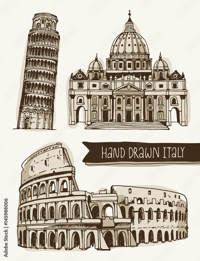 Hand drawn illustration of Coliseum, Tower of Pisa, St. Peter's Basilica