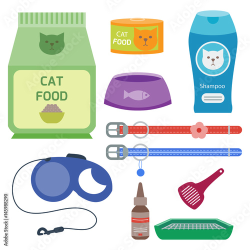 Colorful cat accessory cute vector animal icons pet equipment food domestic feline illustration.