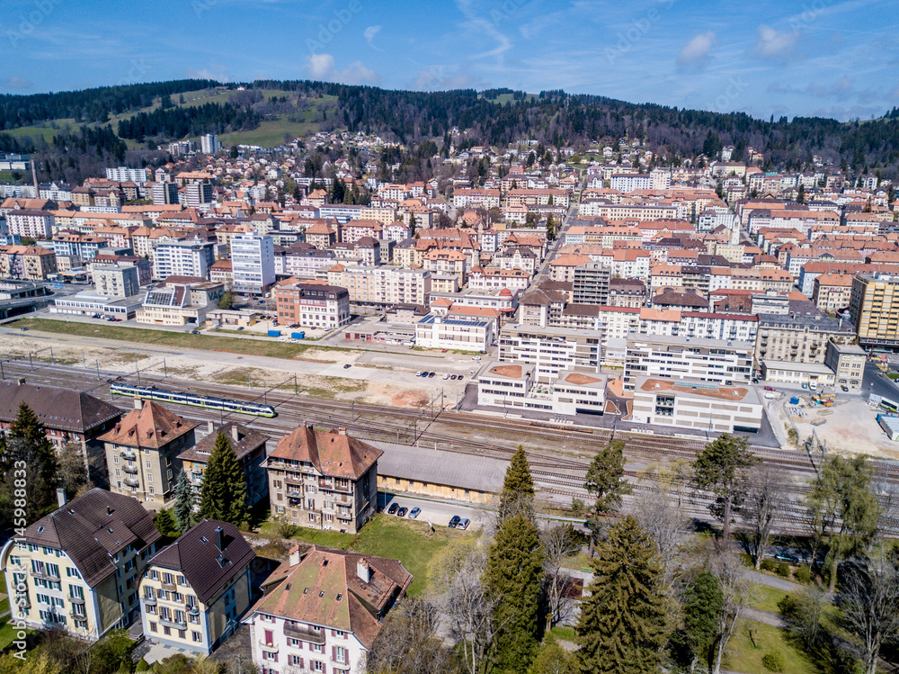 Aerial view on UNESCO heritage city La de Chaux de Fonds