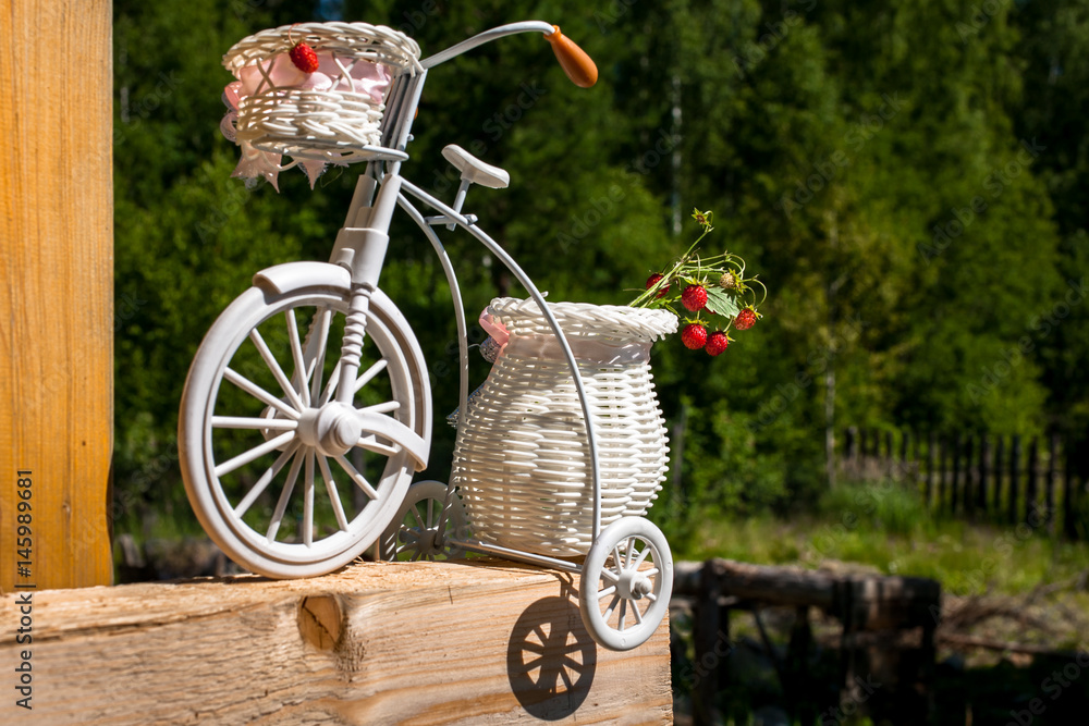 Branches of ripe strawberries in a basket of a bicycle