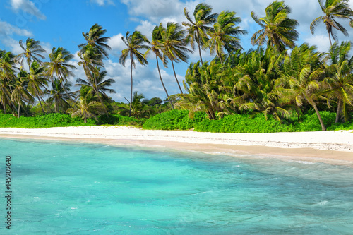 Amazing tropical holidays. Sun umbrellas on the beach. Tropical paradise. Caribbean. Punta Cana. Dominican Republic