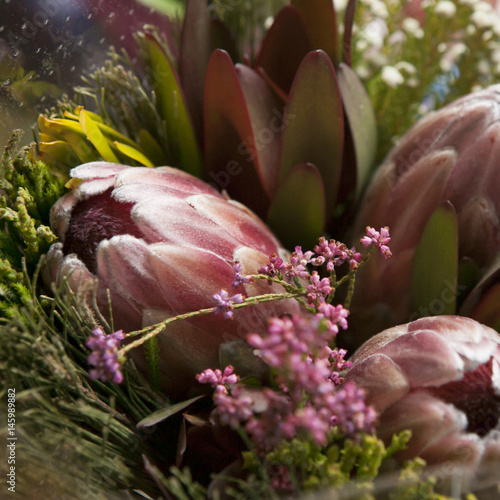 Spring bouquet of red protea, waxflower a for a special wedding ceremony photo