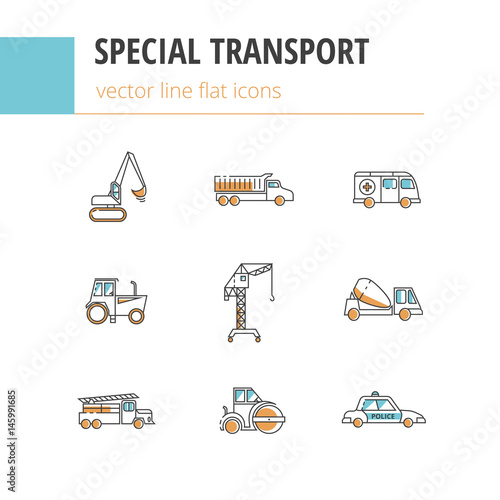 Special transport. Flat linear vector icons with the addition of color.