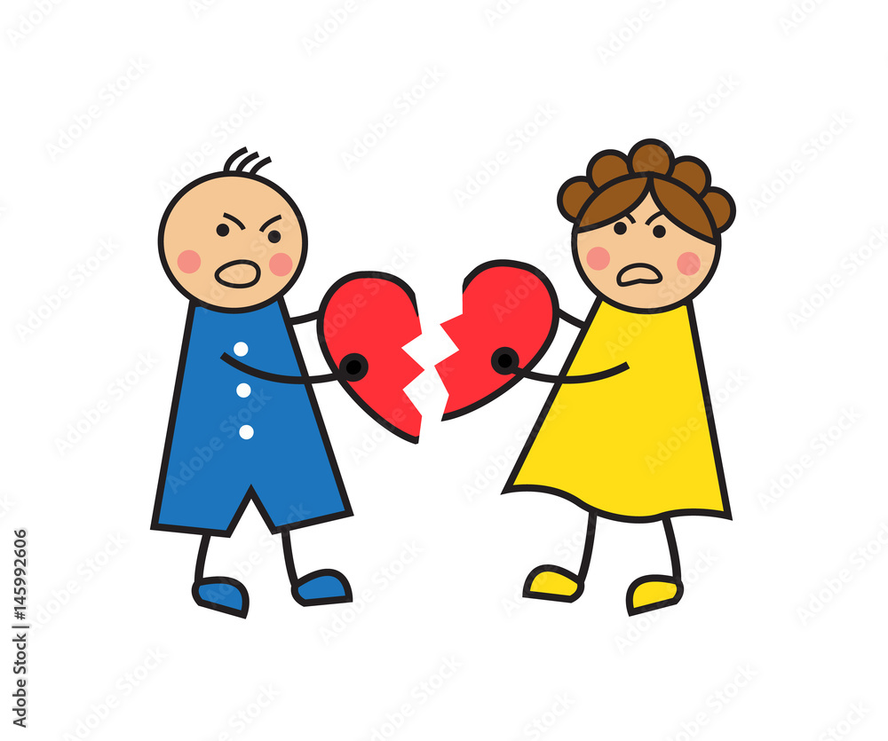 Cartoon a couple quarrel, cry and tear heart Cartoon a couple quarrel, cry and tear heart