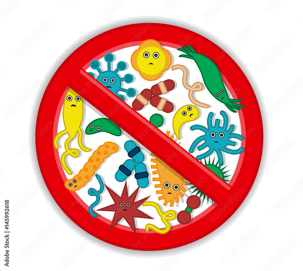 Red prohibitory sign and germs and bacteria Red prohibitory sign and germs and bacteria