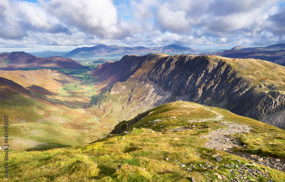 Views of Newlands Beck, High Spy, Narrow Moor and Maiden Moor in the Derwent Fells from the summit of Dale Head, Lake District, England, UK.