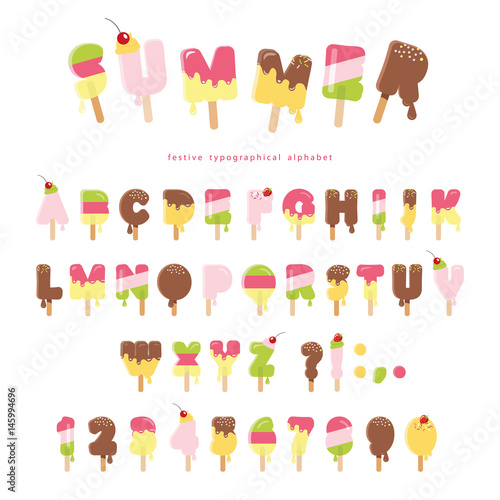 Ice cream melted font. Popsicle colorful letters and numbers can be used for summer design. Isolated on white.