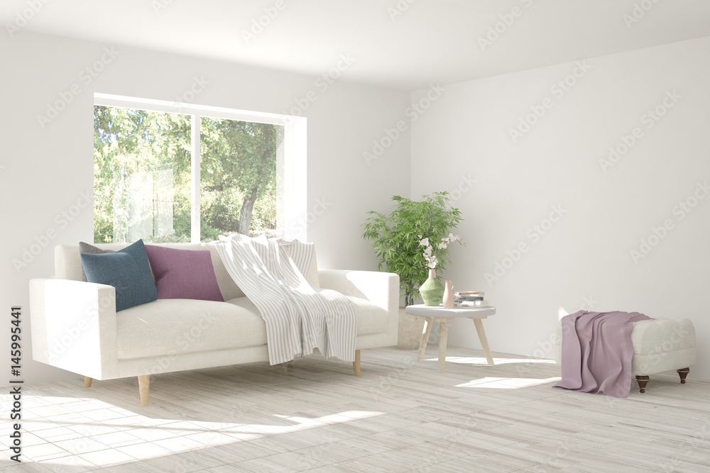 White room with sofa and green landscape in window. Scandinavian interior design. 3D illustration White room with sofa and green landscape in window. Scandinavian interior design. 3D illustration