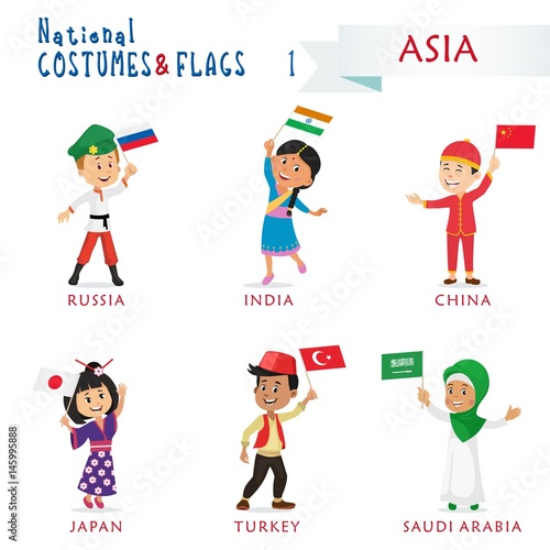 National costumes and flags of the nations - Kids of the world - Asia