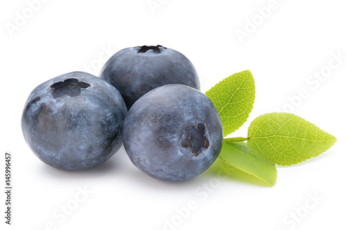 Eco Fresh blueberries with leaves on a white background.