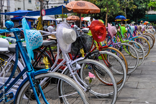 Colorful bicycles and hats in Jakarta, Indonesia