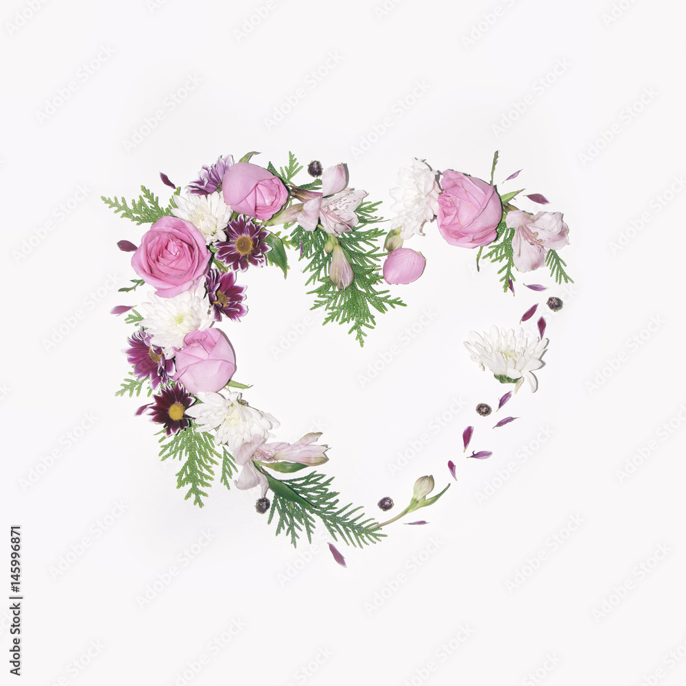 Floral heart frame on white background