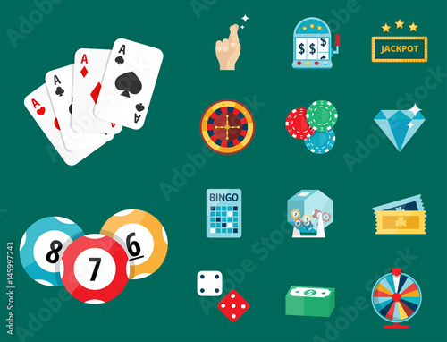 Casino game poker gambler symbols blackjack cards money winning roulette joker vector illustration.