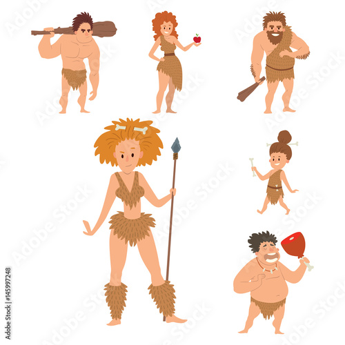 Caveman primitive stone age cartoon neanderthal people character evolution vector illustration.