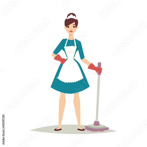 Housewife girl homemaker cleaning pretty girl wash cleanser chemical housework product equipment vector.