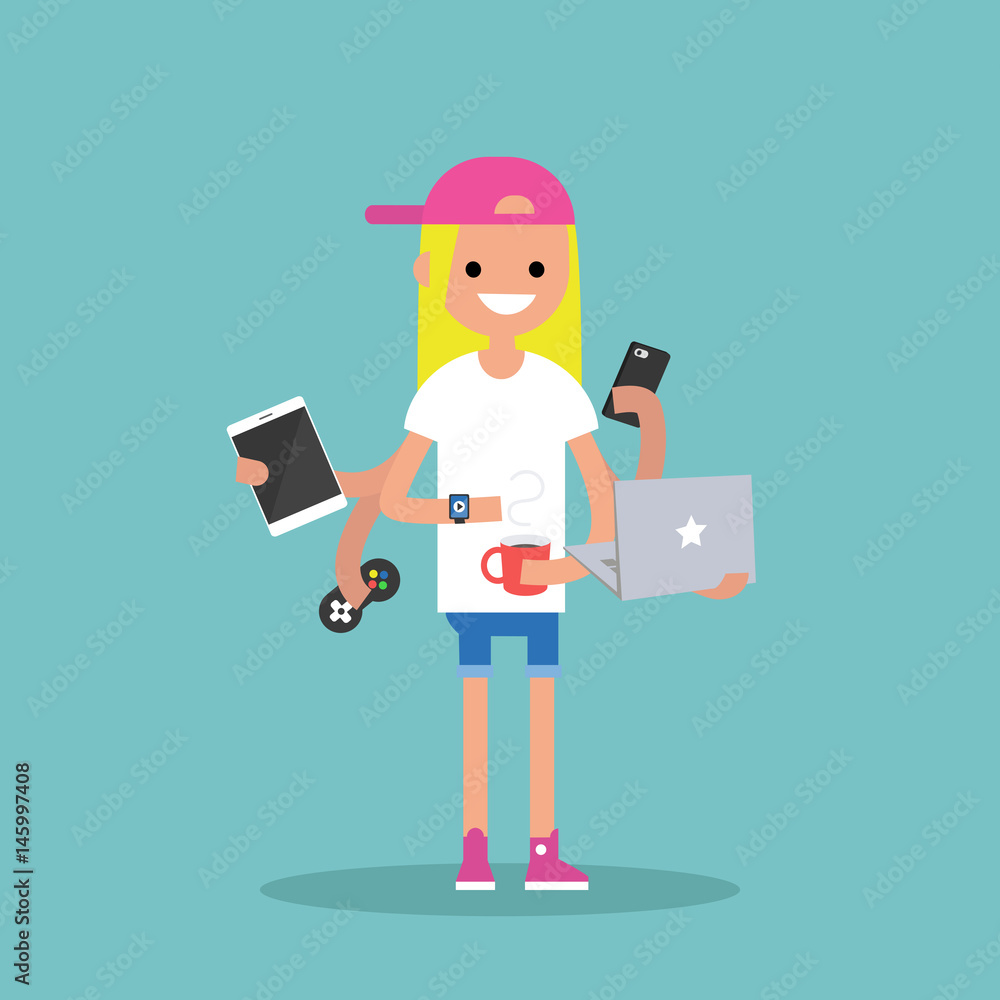 Multitasking millennial concept. young blond girl using a lot of devices at the same time / flat editable vector illustration Multitasking millennial concept. young blond girl using a lot of devices at the same time / flat editable vector illustration