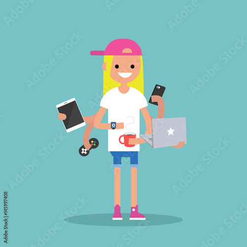 Multitasking millennial concept. young blond girl using a lot of devices at the same time  / flat editable vector illustration