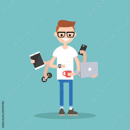 Multitasking millennial concept. young nerd using a lot of devices at the same time  / flat editable vector illustration