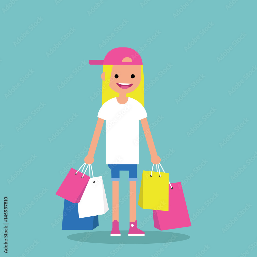 Young trendy girl holding shopping bags / flat editable vector illustration