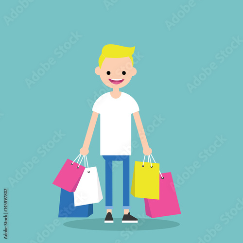 Young trendy blond boy holding shopping bags / flat editable vector illustration