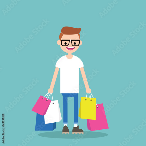 Young nerd holding shopping bags / flat editable vector illustration