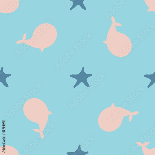 Underwater design of seamless pattern for wrapping  textile  prints. Seastar and whale colorful vector illustration elements.