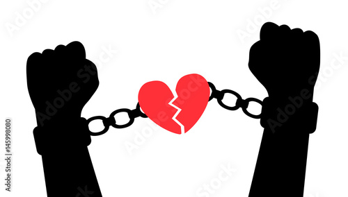 Hands tear handcuffs with a heart symbolizing love