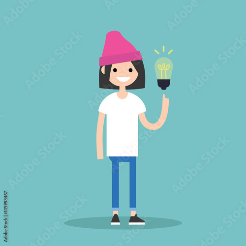 Idea Concept. Aha moment. Young smiling girl is pointing a finger on the light bulb / flat editable vector illustration