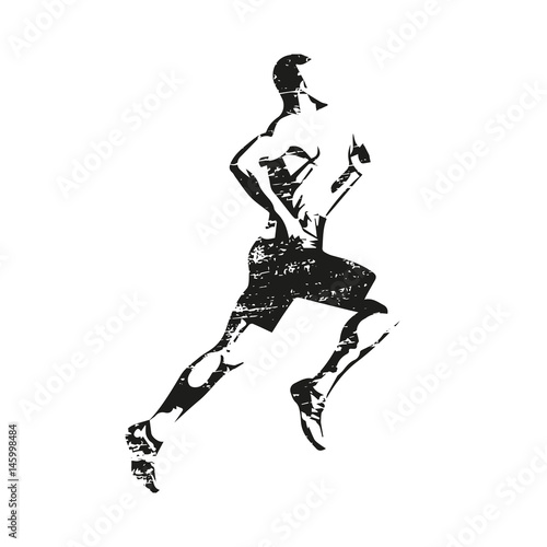 Scratched running man, abstract grungy vector silhouette