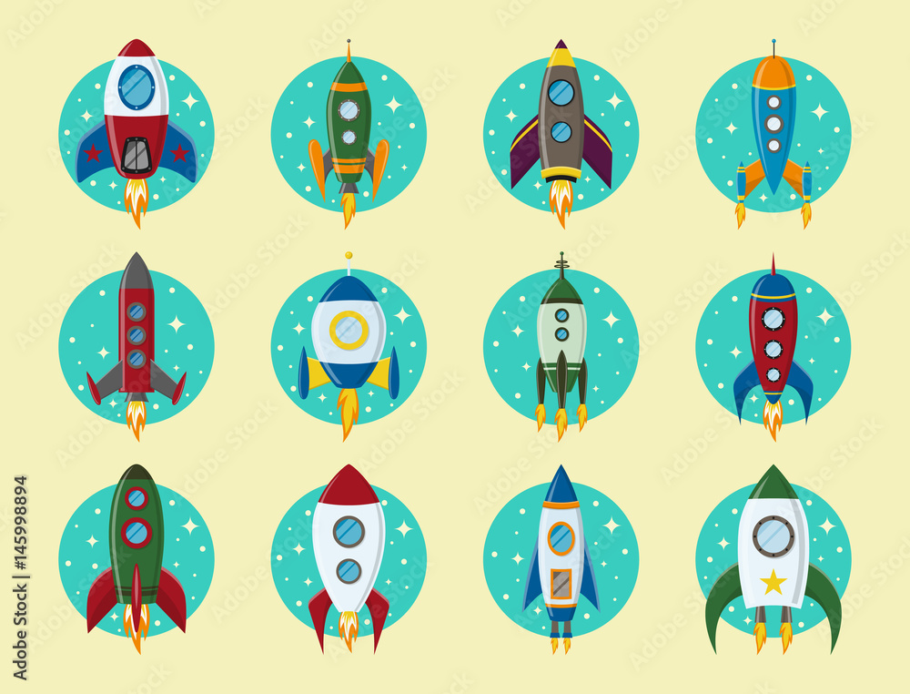 Vector retro space rocket ship icon set in a flat style. Design ...