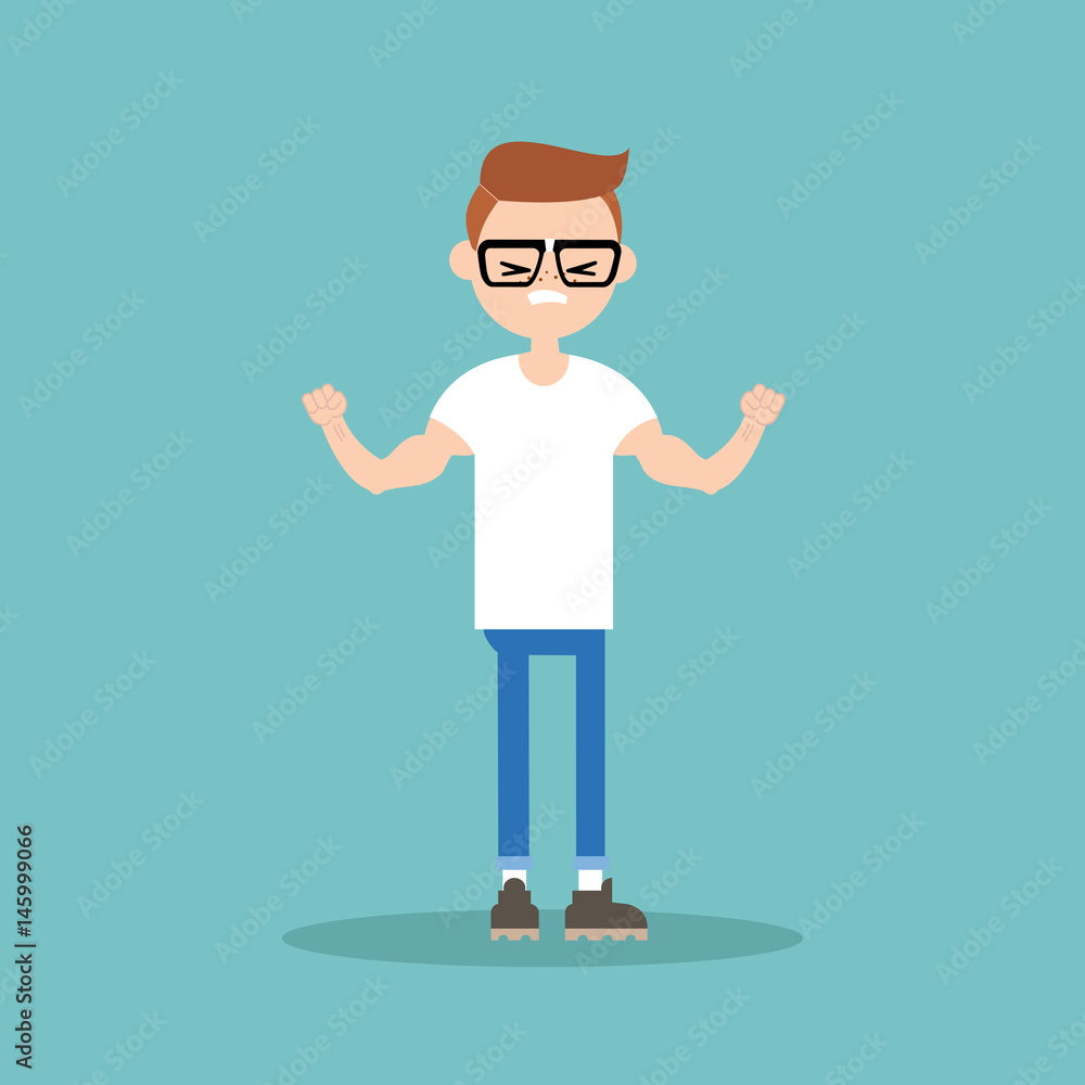 Young funny nerd demonstrating his strength / editable flat vector illustration Young funny nerd demonstrating his strength / editable flat vector illustration