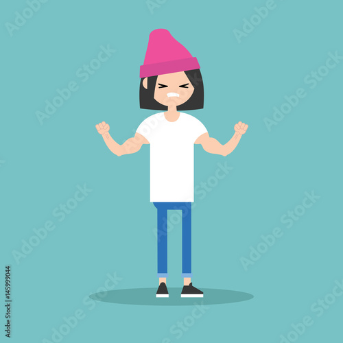 Young girl demonstrating her strength / editable flat vector illustration